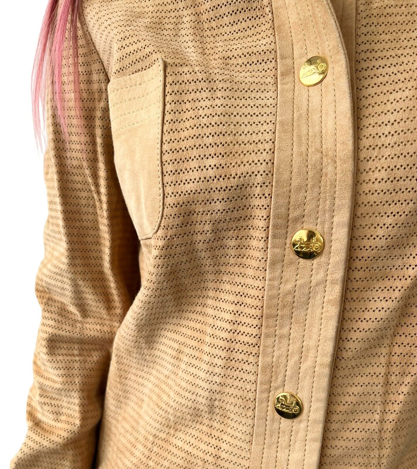 CELINE Vintage Punching Shirt Top #40 Snap Button Light Brown Suede Rank AB