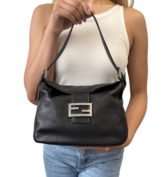 FENDI Vintage FF Logo Shoulder Bag Lambskin Black Silver Leather Metal