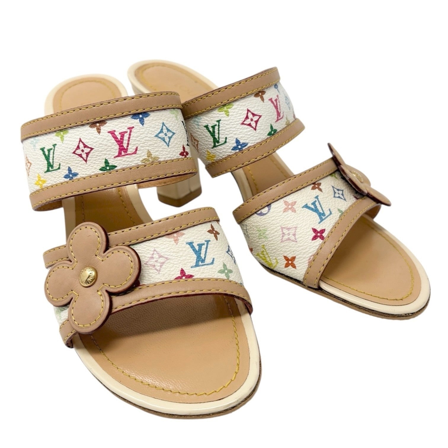 LOUIS VUITTON Vintage Monogram Multicolor Heels Sandals #37.5 White Murakami