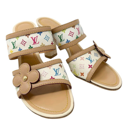 LOUIS VUITTON Vintage Monogram Multicolor Heels Sandals #37.5 White Murakami