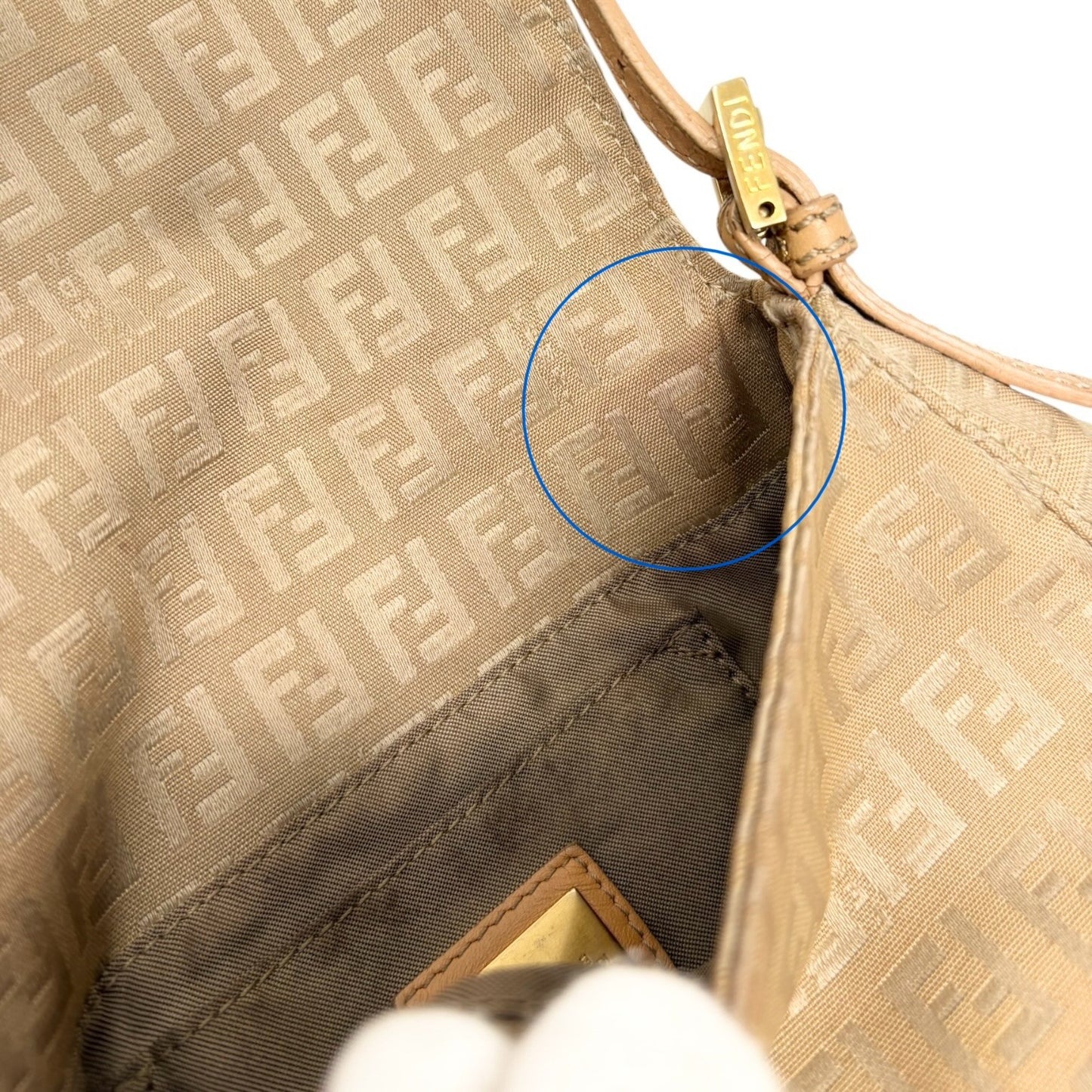 FENDI Vintage FF Logo Zucchino Mamma Baguette Shoulder Bag Beige Gold