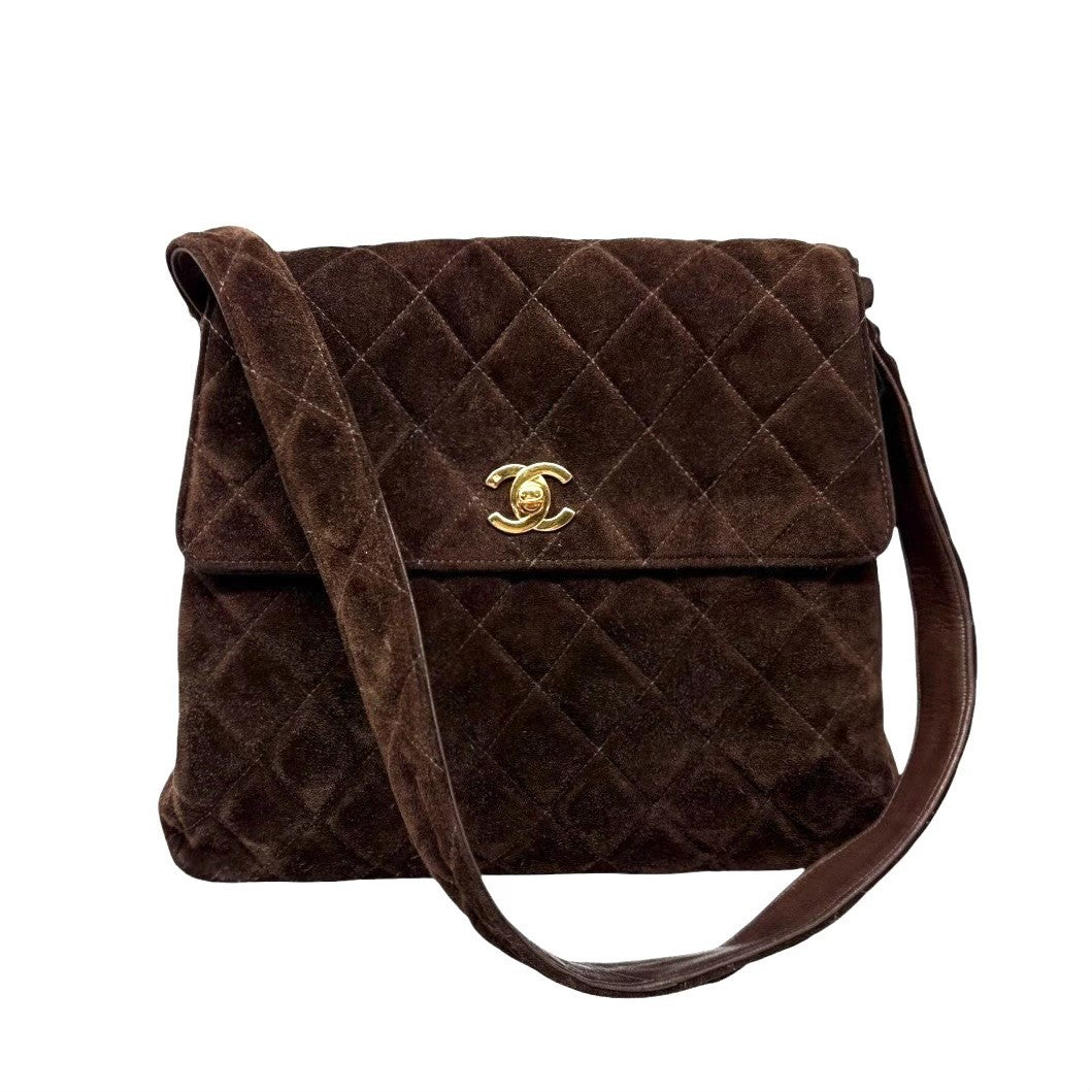 CHANEL Vintage CC Logo Turnlock Quilted Shoulder Bag Brown Gold Suede 901892