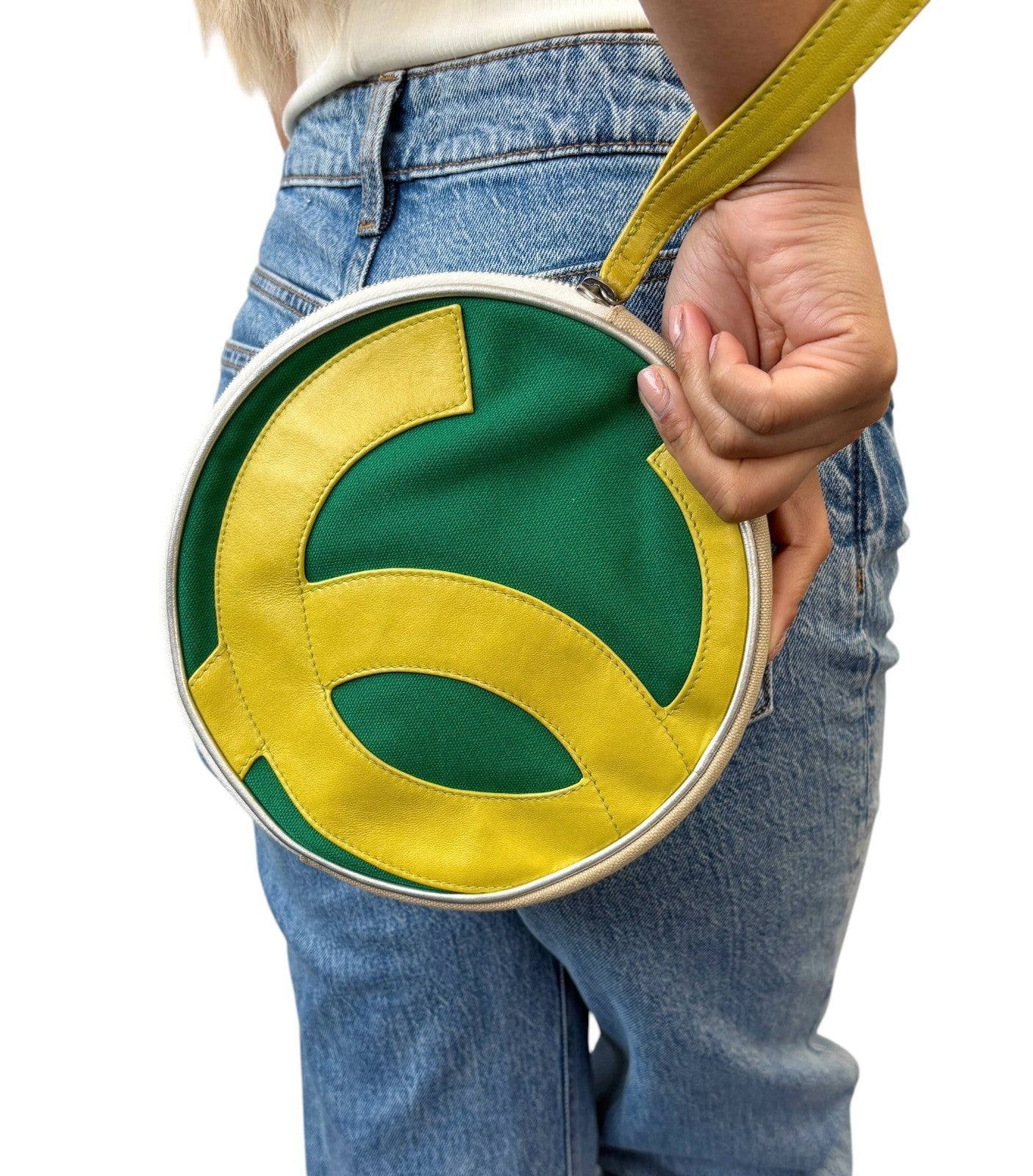 CHANEL Vintage CC Logo No.5 Round Clutch Pouch Bag Yellow Green Silver Cotton