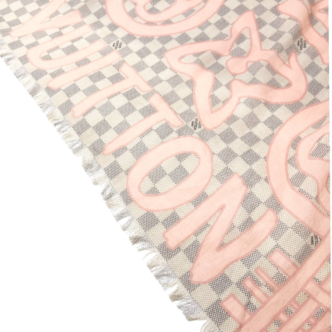 LOUIS VUITTON Vintage Damier Azur Tahitienne Logo Scarf Wrap Pink Gray Cotton