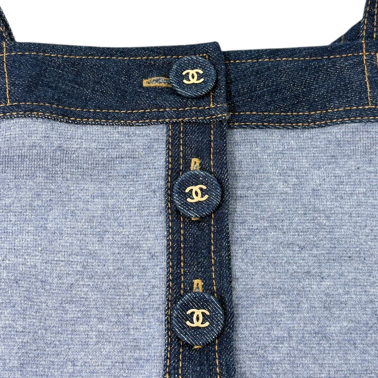 CHANEL Vintage 07P CC Mark Logo Sleeveless Dress #34 Denim Blue Cotton Silk
