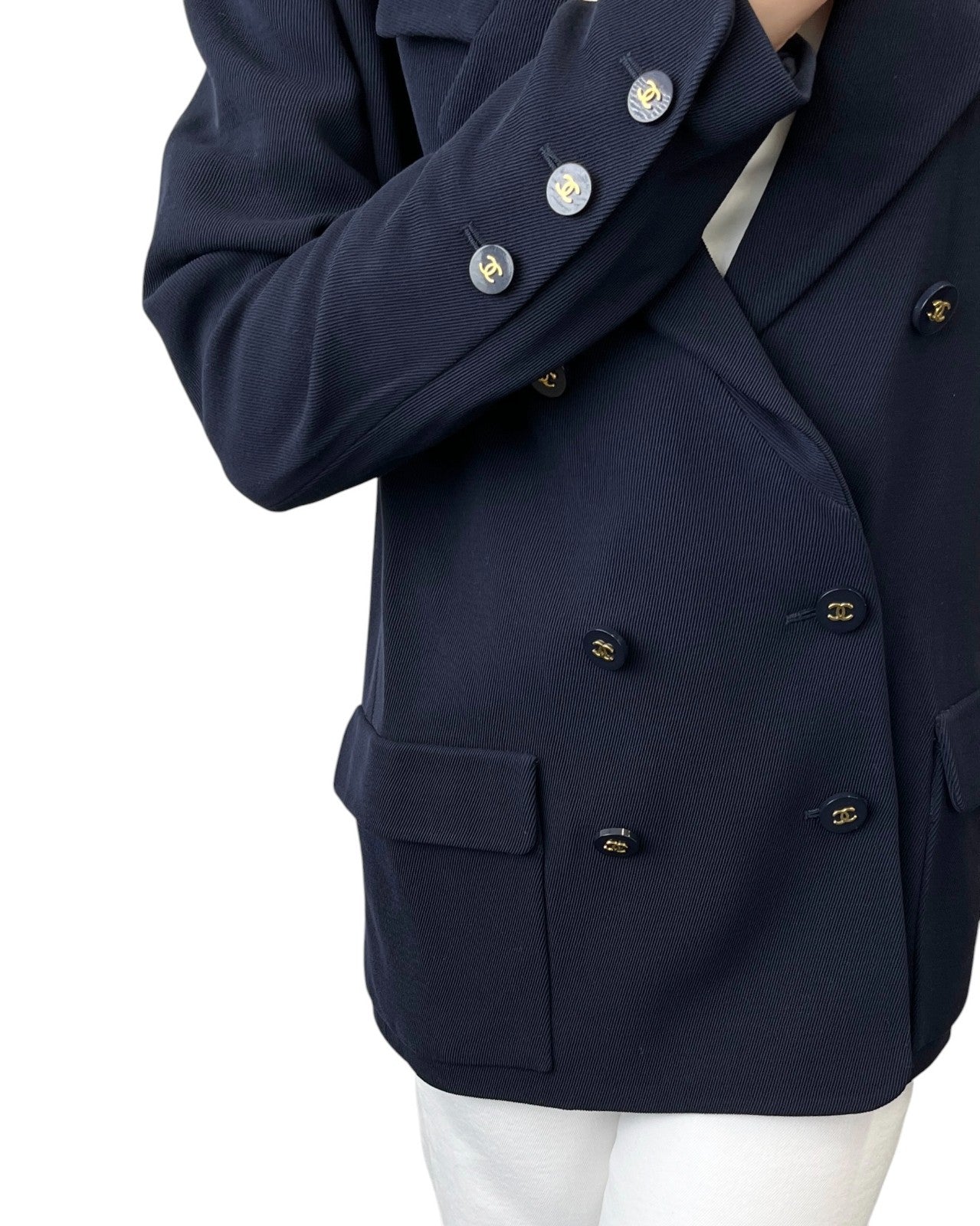 CHANEL Vintage 94A CC Logo Button Jacket #38 Blue Gold Wool Pockets 901975