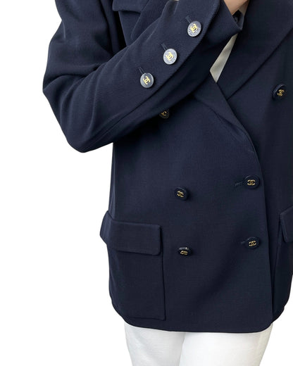 CHANEL Vintage 94A CC Logo Button Jacket #38 Blue Gold Wool Pockets 901975