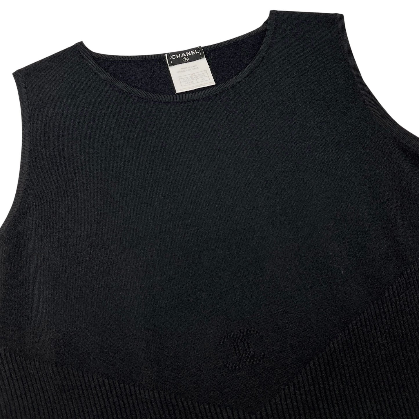 CHANEL Vintage 05P CC Logo Summer Knit Tank Top #42 Round Neck Black Viscose