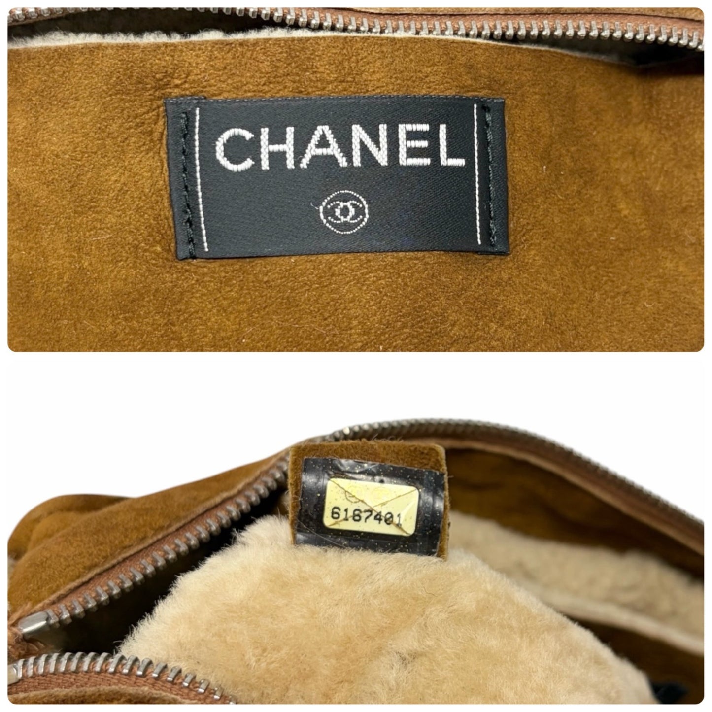 CHANEL Vintage CC Logo Shearling Crossbody Bag Brown Cream Mouton Suede Boa