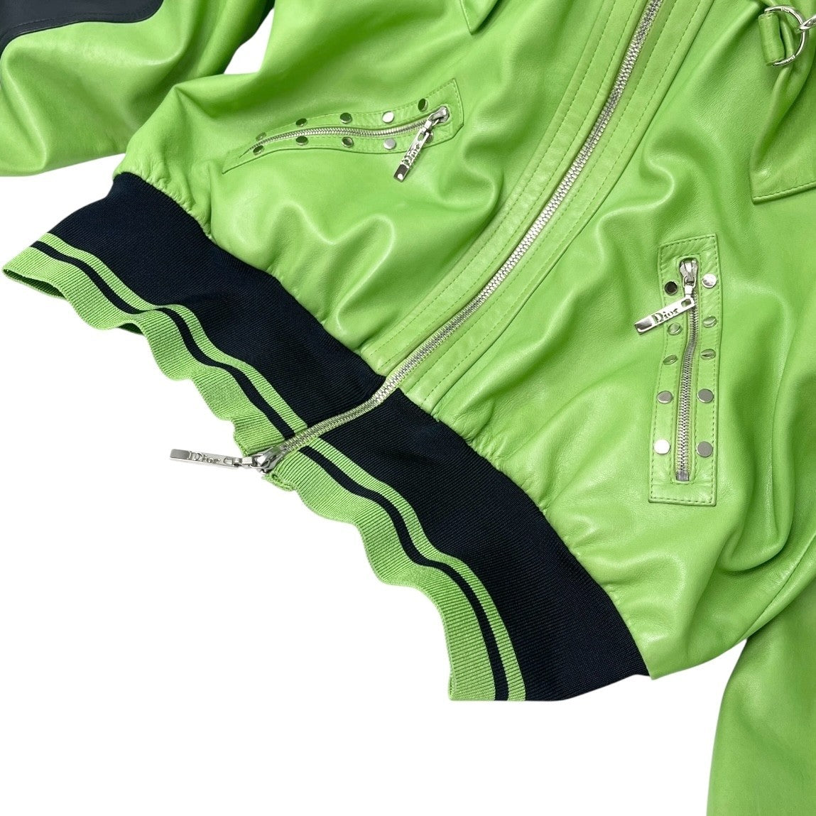 Christian Dior Vintage 2004 Logo Leather Jacket #36 Light Green Lambskin Black