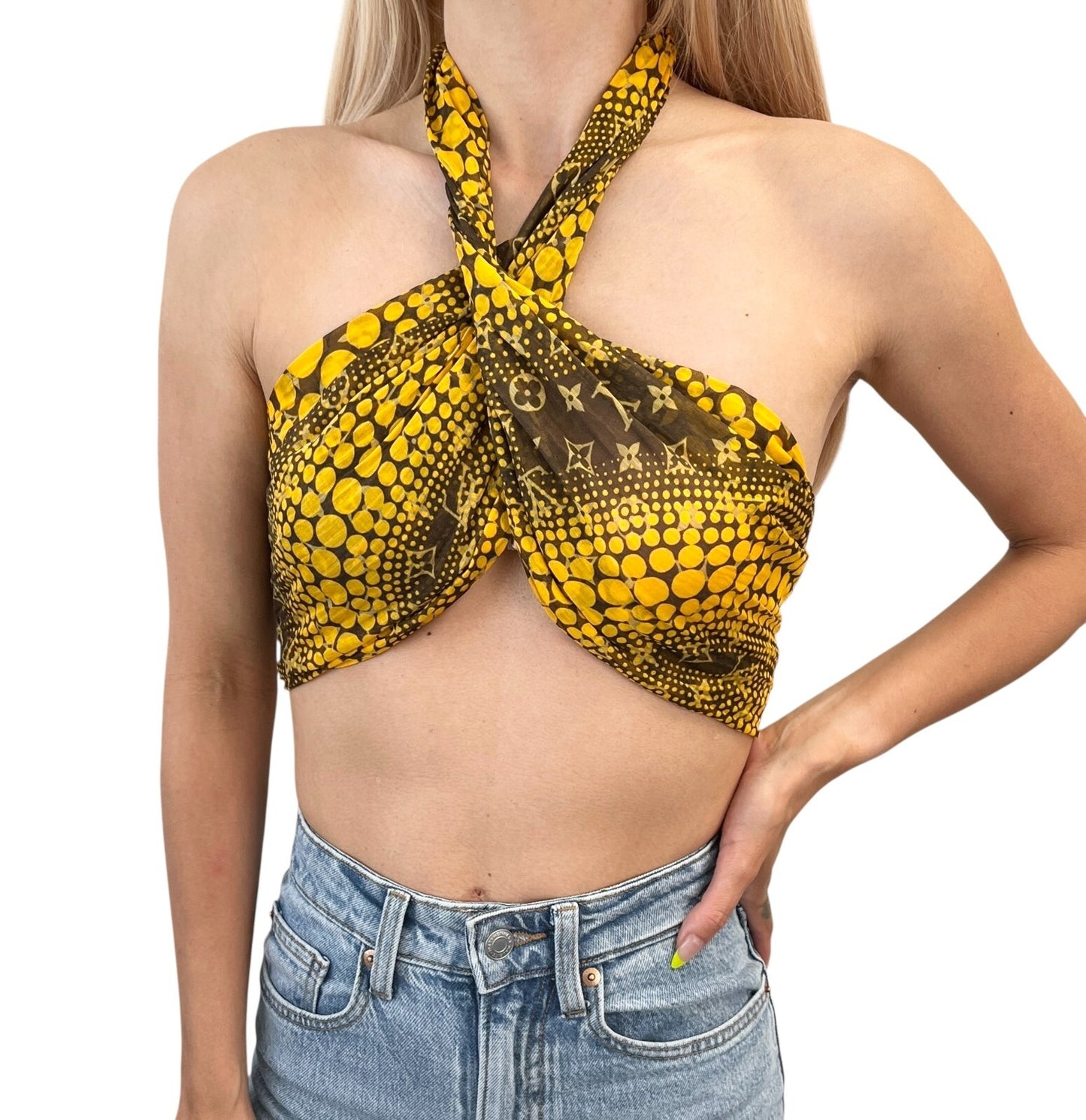 LOUIS VUITTON Vintage LV Logo Monogram Scarf Wrap Shawl Accessory Yellow Dot
