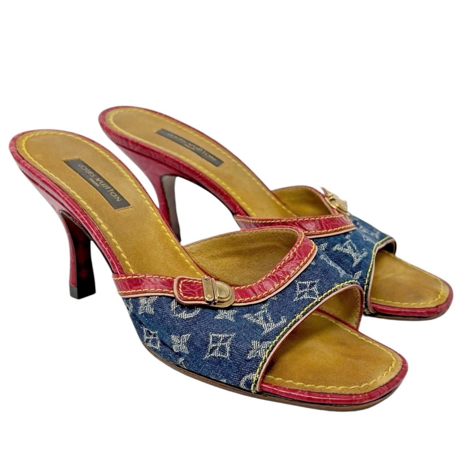 LOUIS VUITTON Vintage Monogram Denim Heels Sandals #36.5 Blue Brown Leather