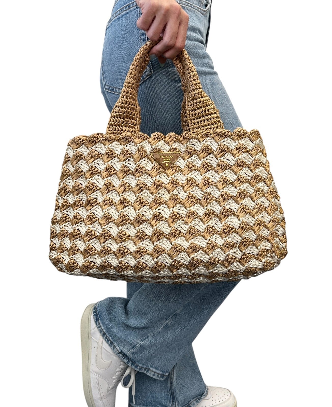 PRADA Vintage Triangle Logo Raffia Canapa Tote Bag Beige White Crochet