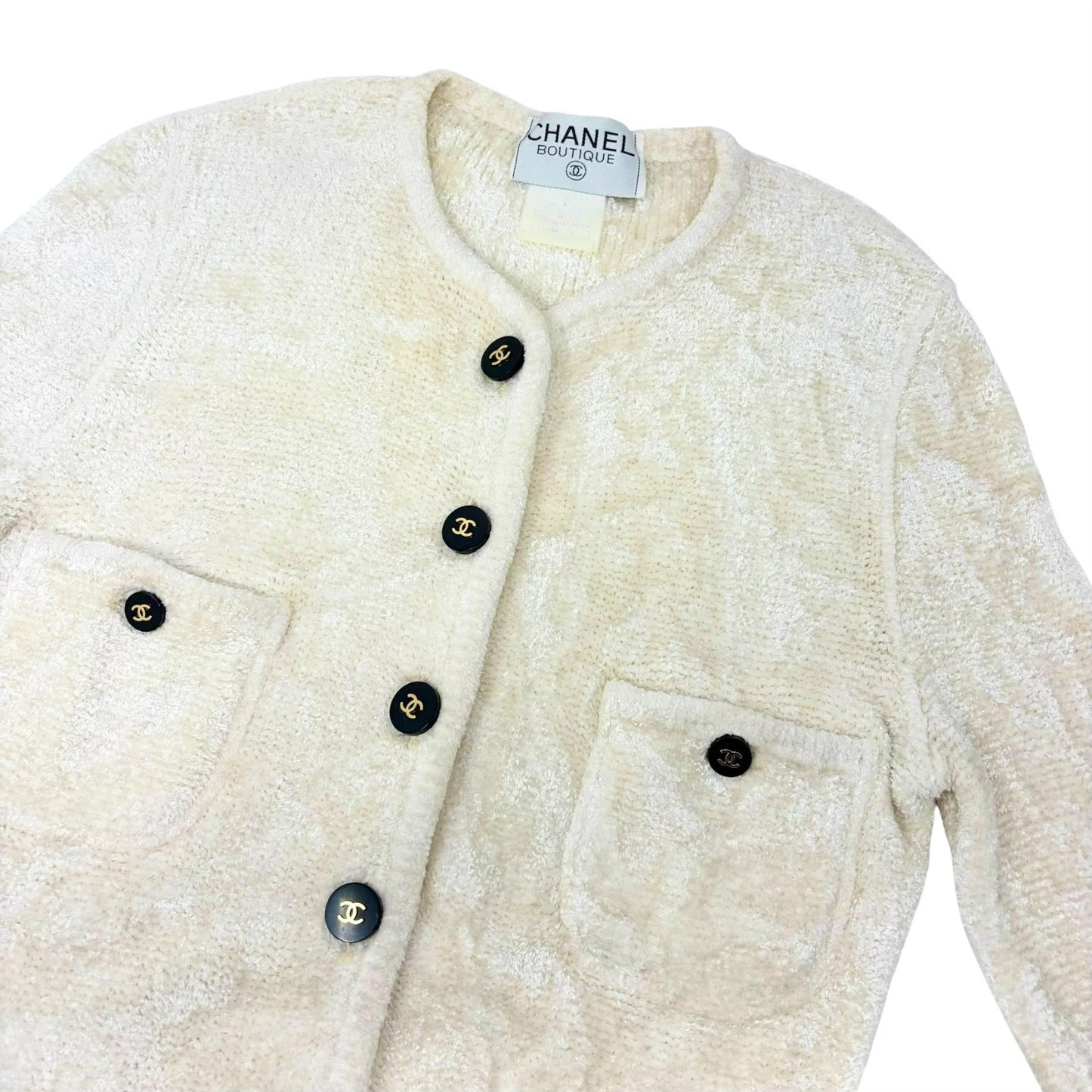 CHANEL Vintage 95A CC Logo Button Velour Cardigan Jacket #42 Cream 902020