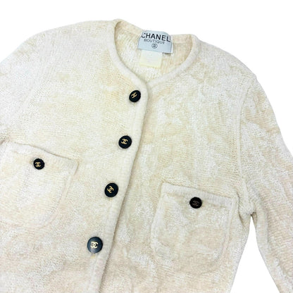 CHANEL Vintage 95A CC Logo Button Velour Cardigan Jacket #42 Cream 902020