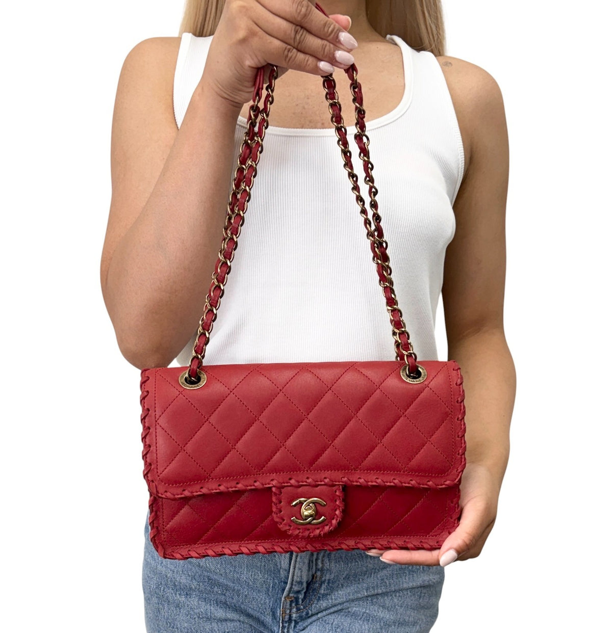 CHANEL Vintage CC Logo Quilted Whipstitch Chain 2way Bag Red Leather 902349