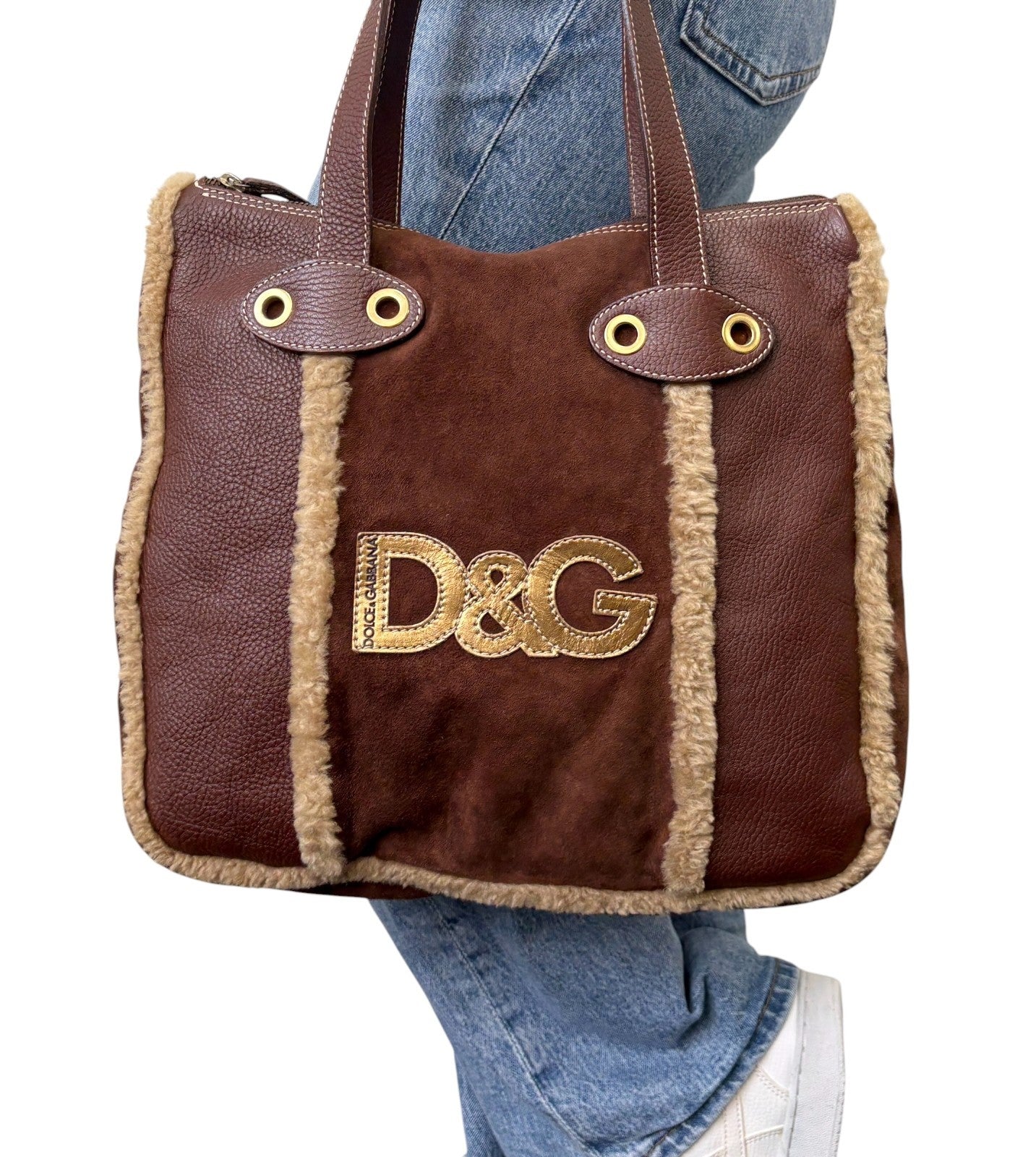 DOLCE&GABBANA Vintage DG Logo Fur Tote Shoulder Bag Brown Beige Suede 902426