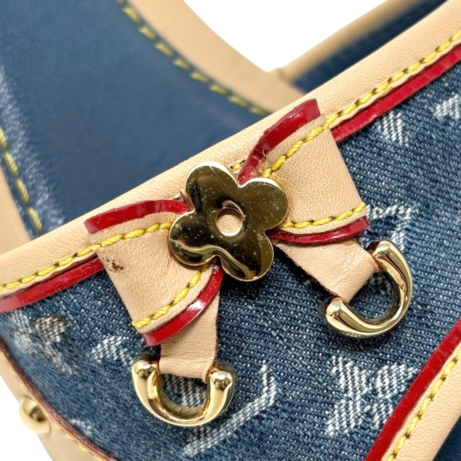 LOUIS VUITTON Vintage Monogram Denim Heels Sandals #36 Blue Beige Ribon