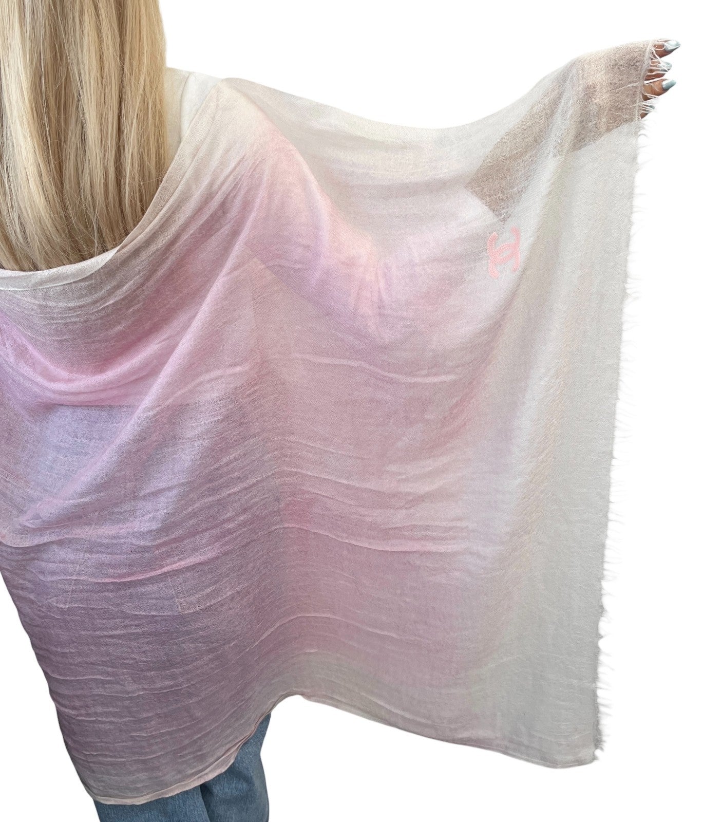CHANEL Vintage CC Logo Cashmere Scarf Shawl Wrap Gradation Pink Cream
