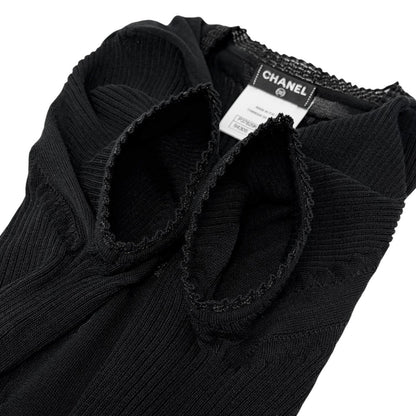 CHANEL Vintage P37829 CC Button Rib Knit Dress One-piece Black #38 Sheer 902018