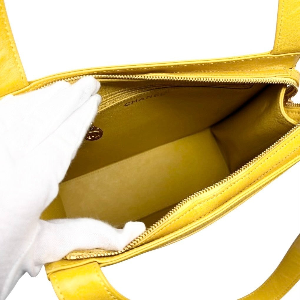CHANEL Vintage Stitch CC Logo Tote Shoulder Bag Yellow Leather Zip 901884