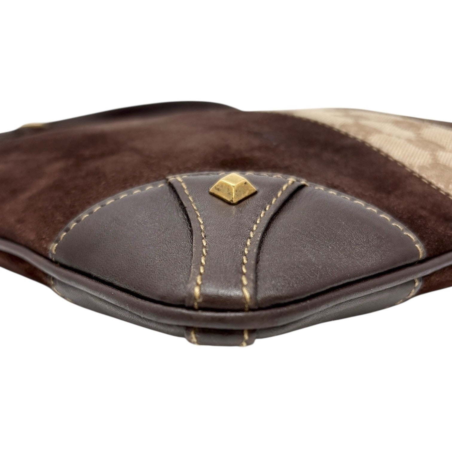 GUCCI Vintage GG Monogram Crossbody Bag Brown Gold Suede Canvas Studs Nailhead