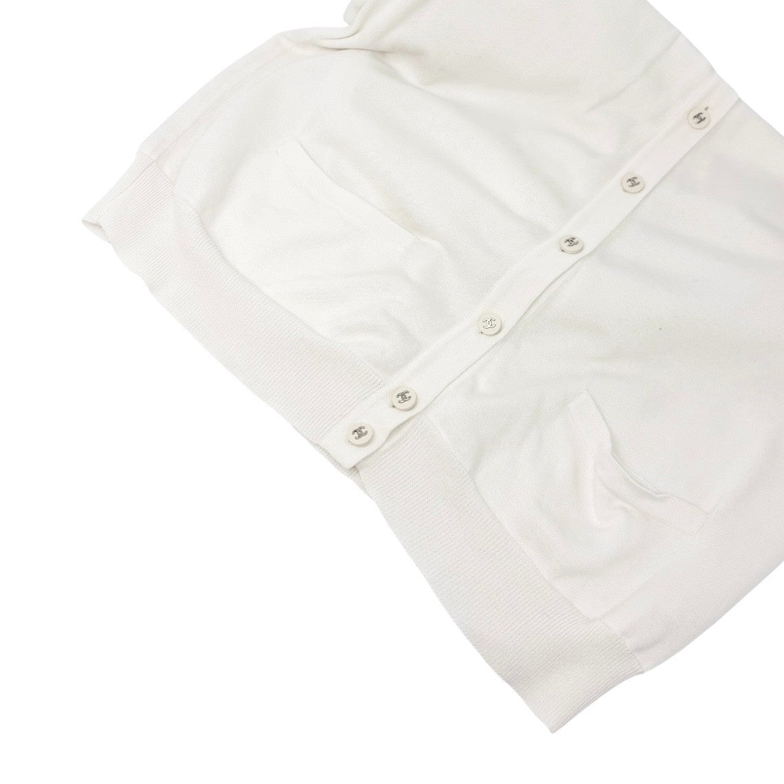 CHANEL Vintage 96P CC Logo Cardigan Top Button Pocket #44 White Long Sleeve