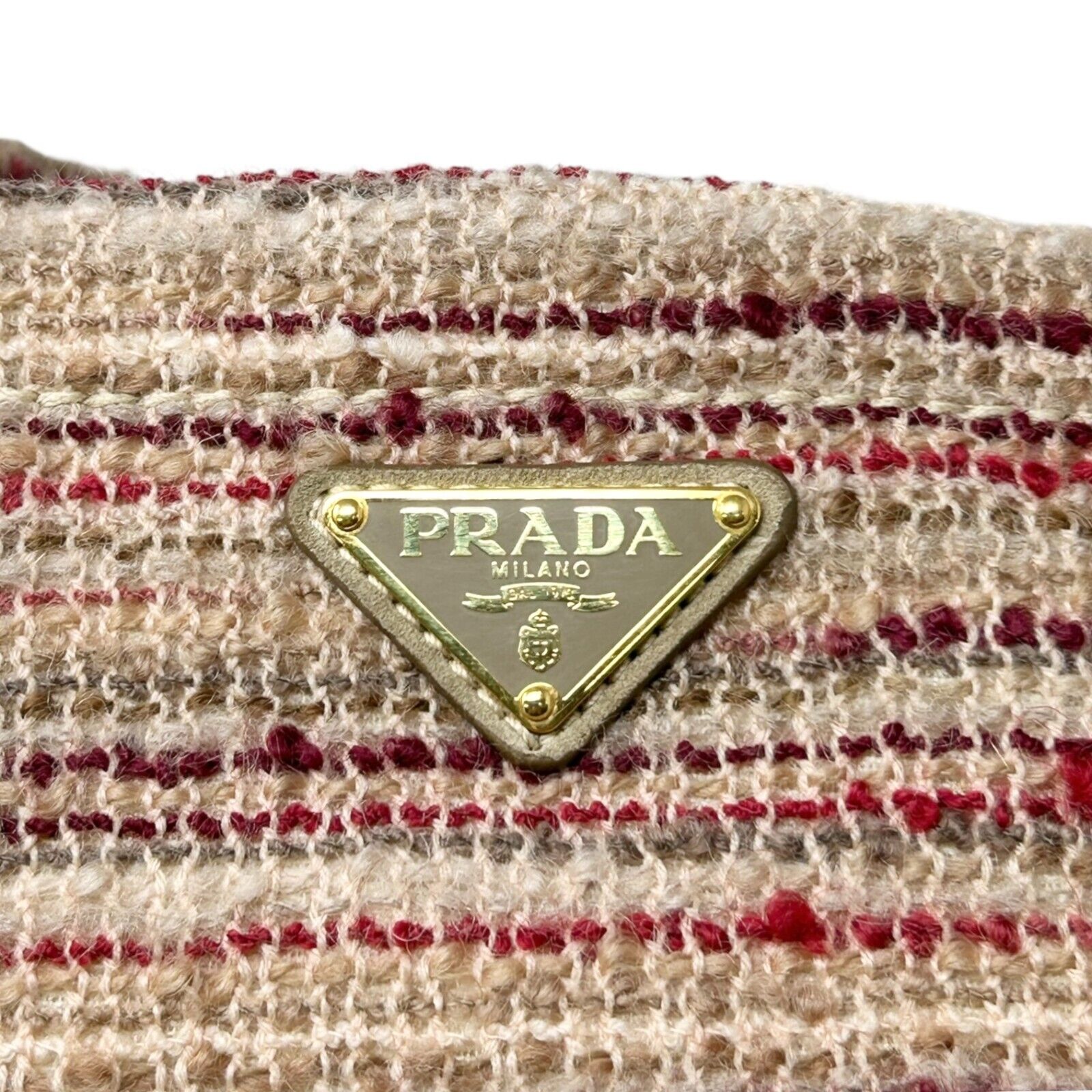 PRADA Vintage Logo Canapa Tweed 2way Tote Bag Cream Gold Wool Leather Rank AB