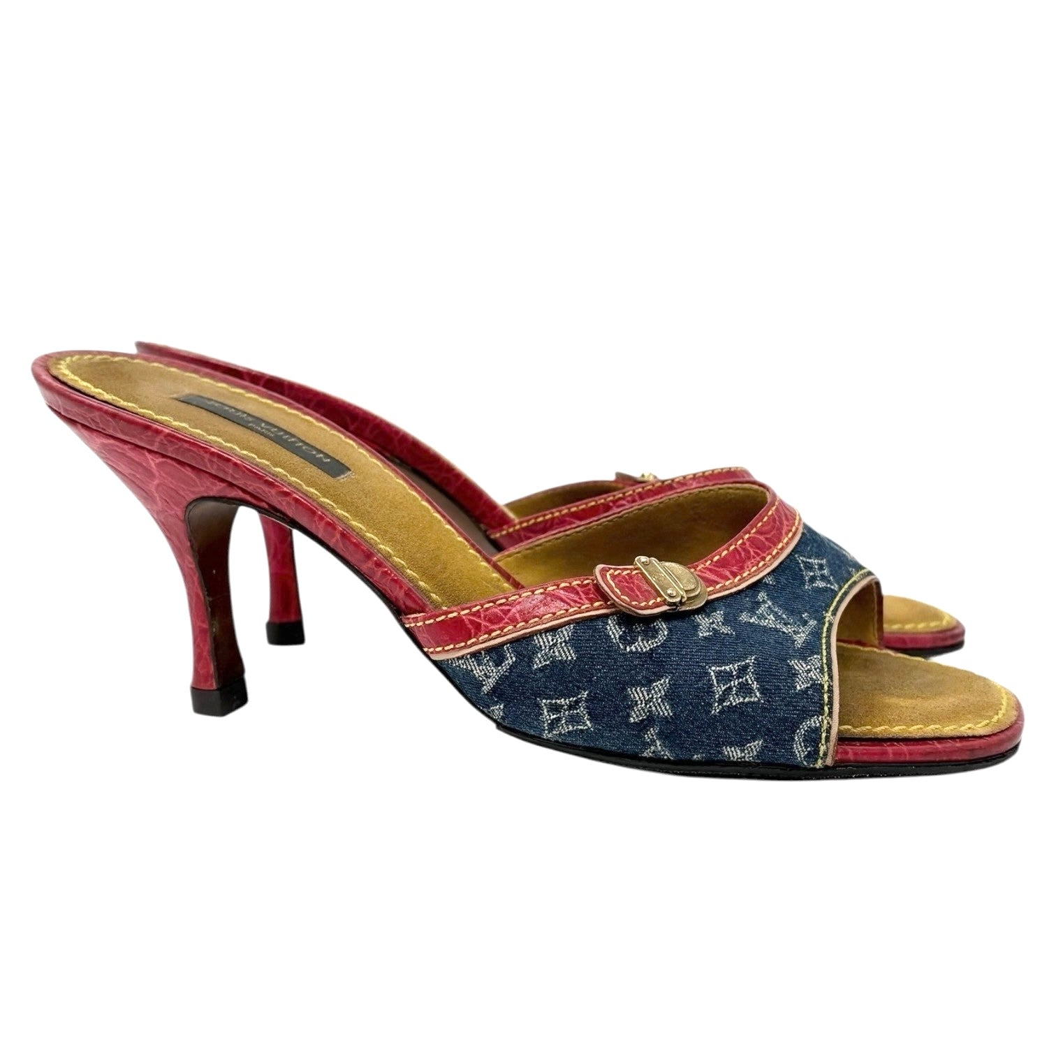LOUIS VUITTON Vintage Monogram Denim Mule Sandals Heels #39 Blue Red Leather