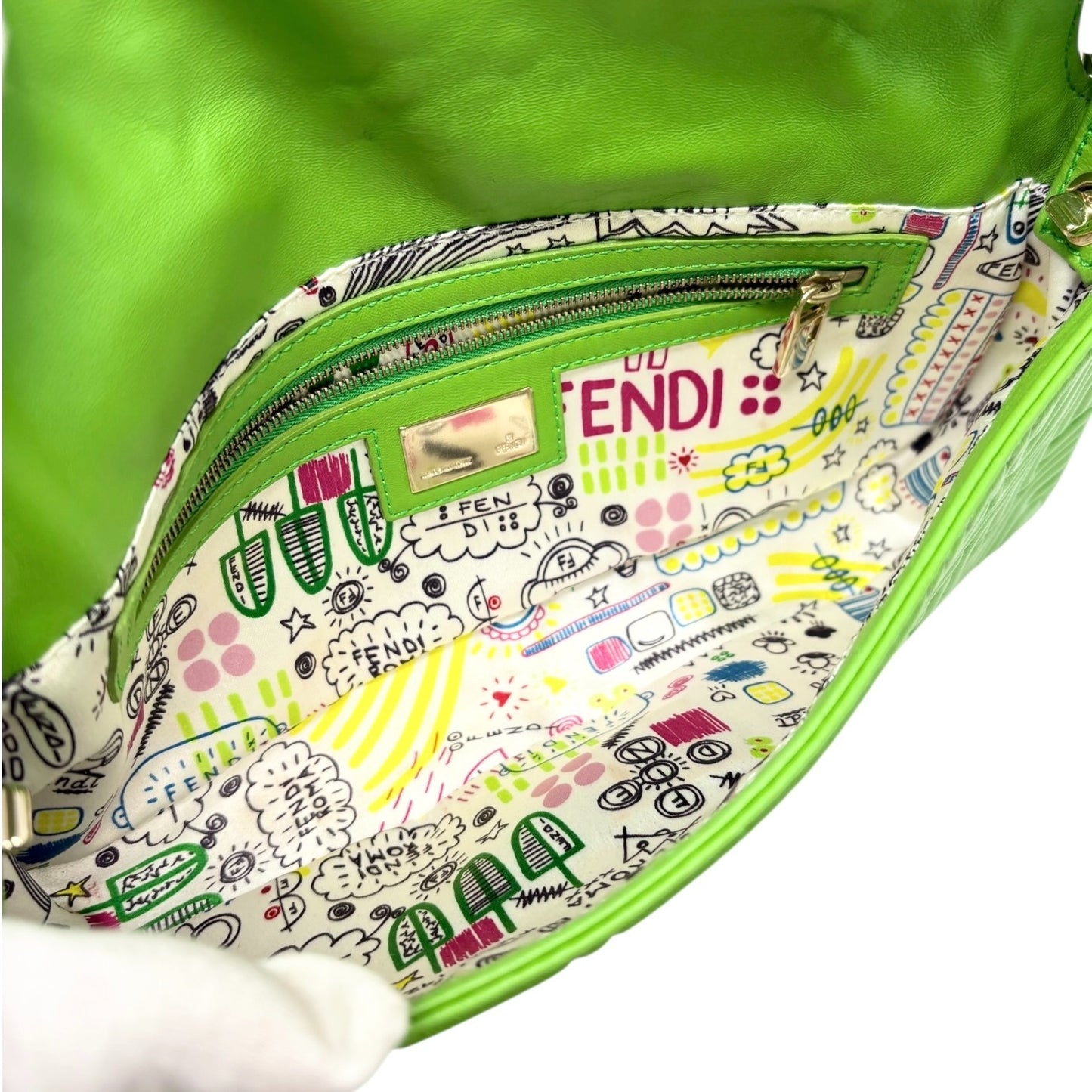 FENDI Vintage FF Logo Embossed Mamma Baguette Shoulder Bag Green Leather Silver