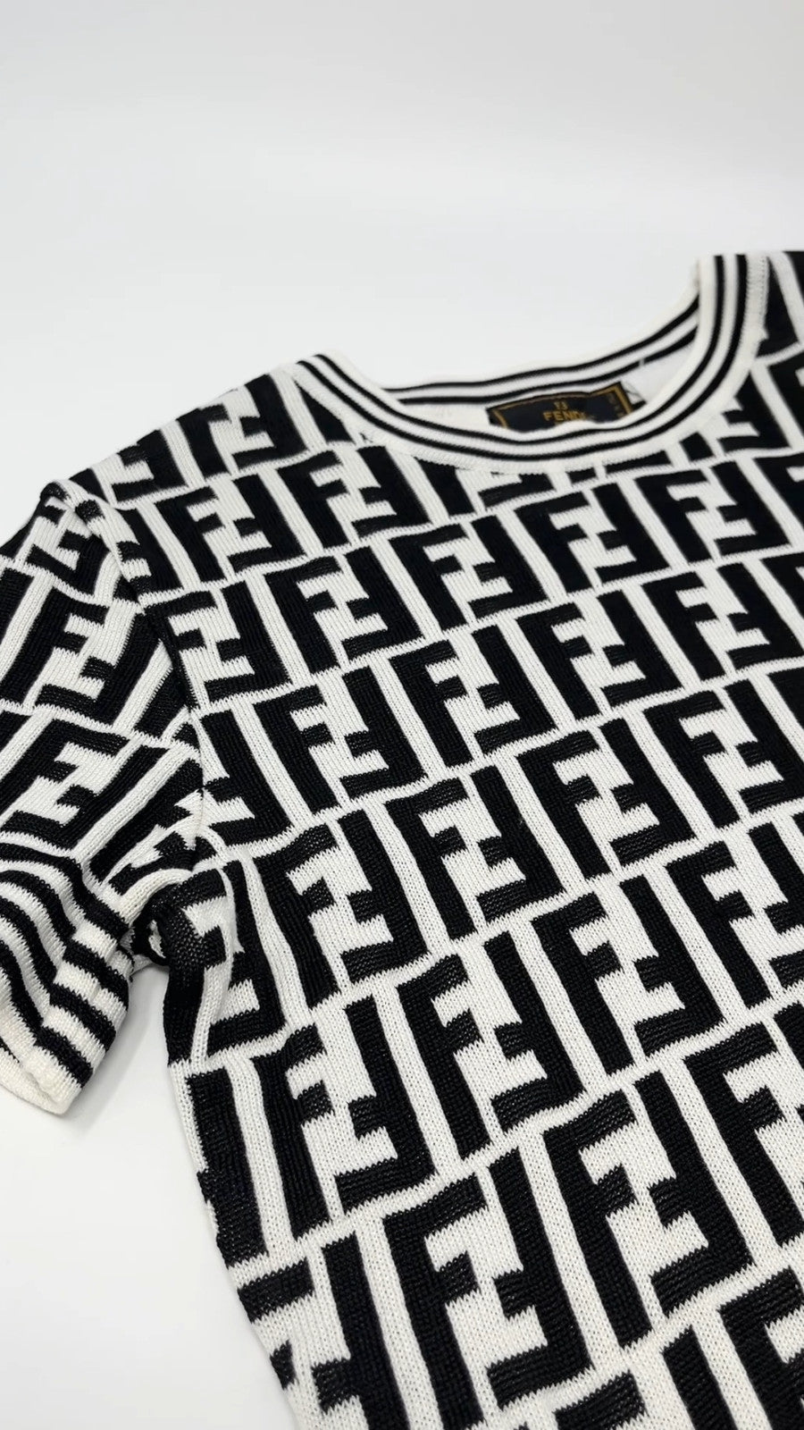 FENDI Vintage Zucca Knit Top T-shirt #40 White Black Monogram Short Sleeve