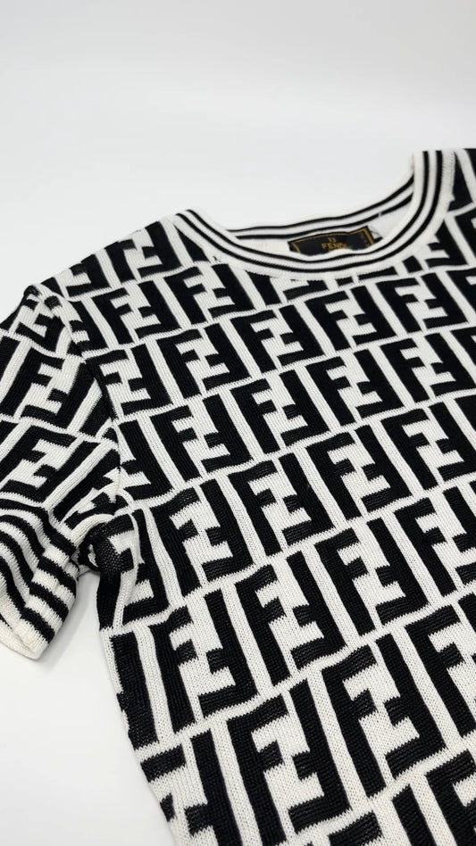 FENDI Vintage Zucca Knit Top T-shirt #40 White Black Monogram Short Sleeve