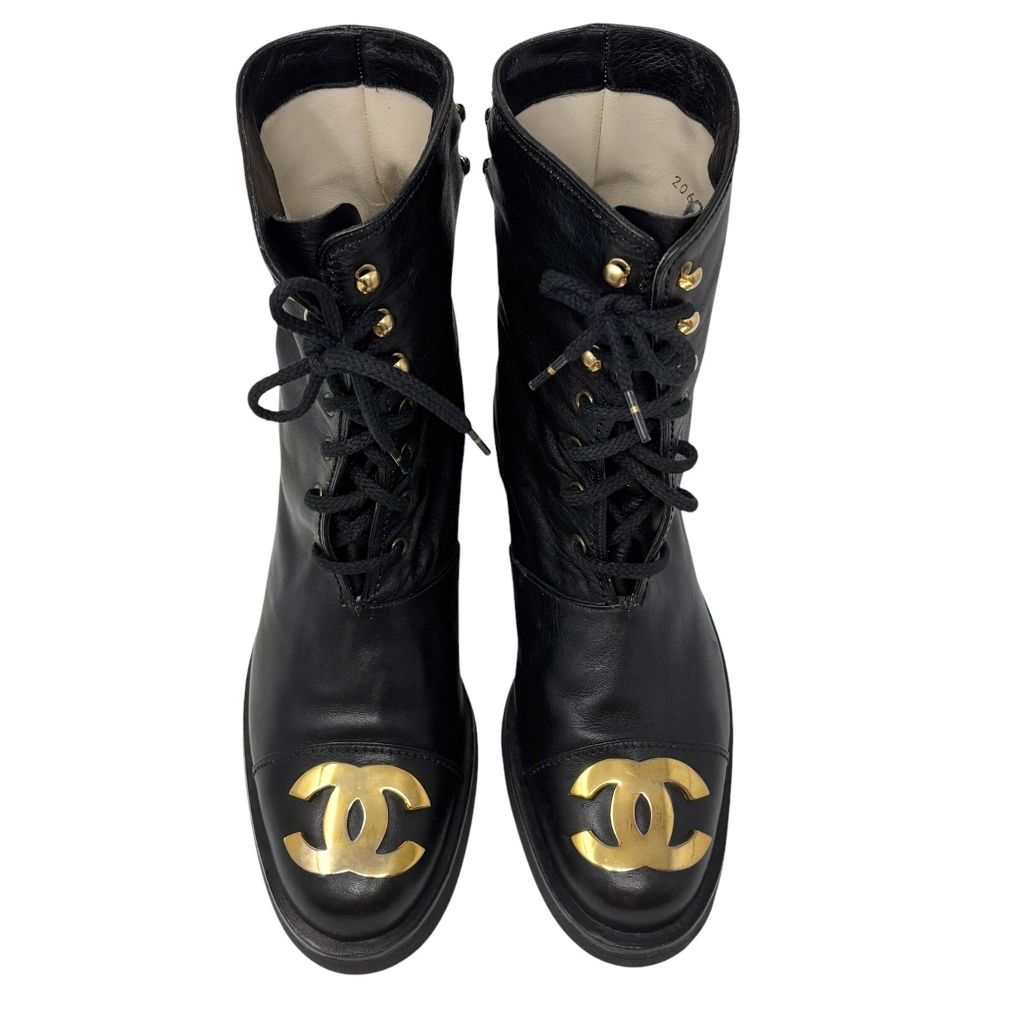 CHANEL Vintage CC Logo Lace-up Ankle Boots #36.5 Short Boots Black Gold Leather