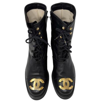 CHANEL Vintage CC Logo Lace-up Ankle Boots #36.5 Short Boots Black Gold Leather
