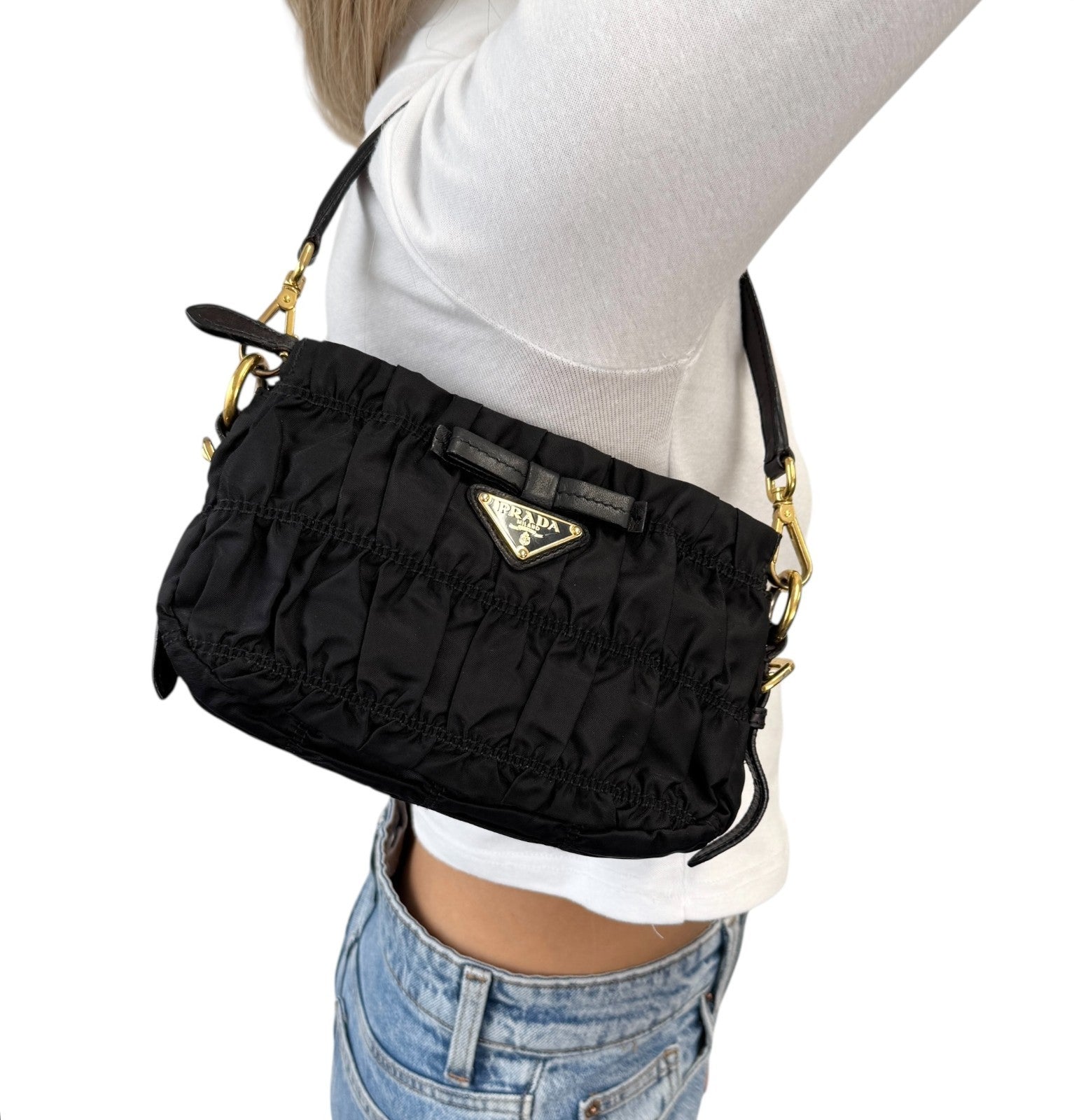 PRADA Vintage Logo Black Gathered Nylon Shoulder Mini Bag Gold Ribbon Leather