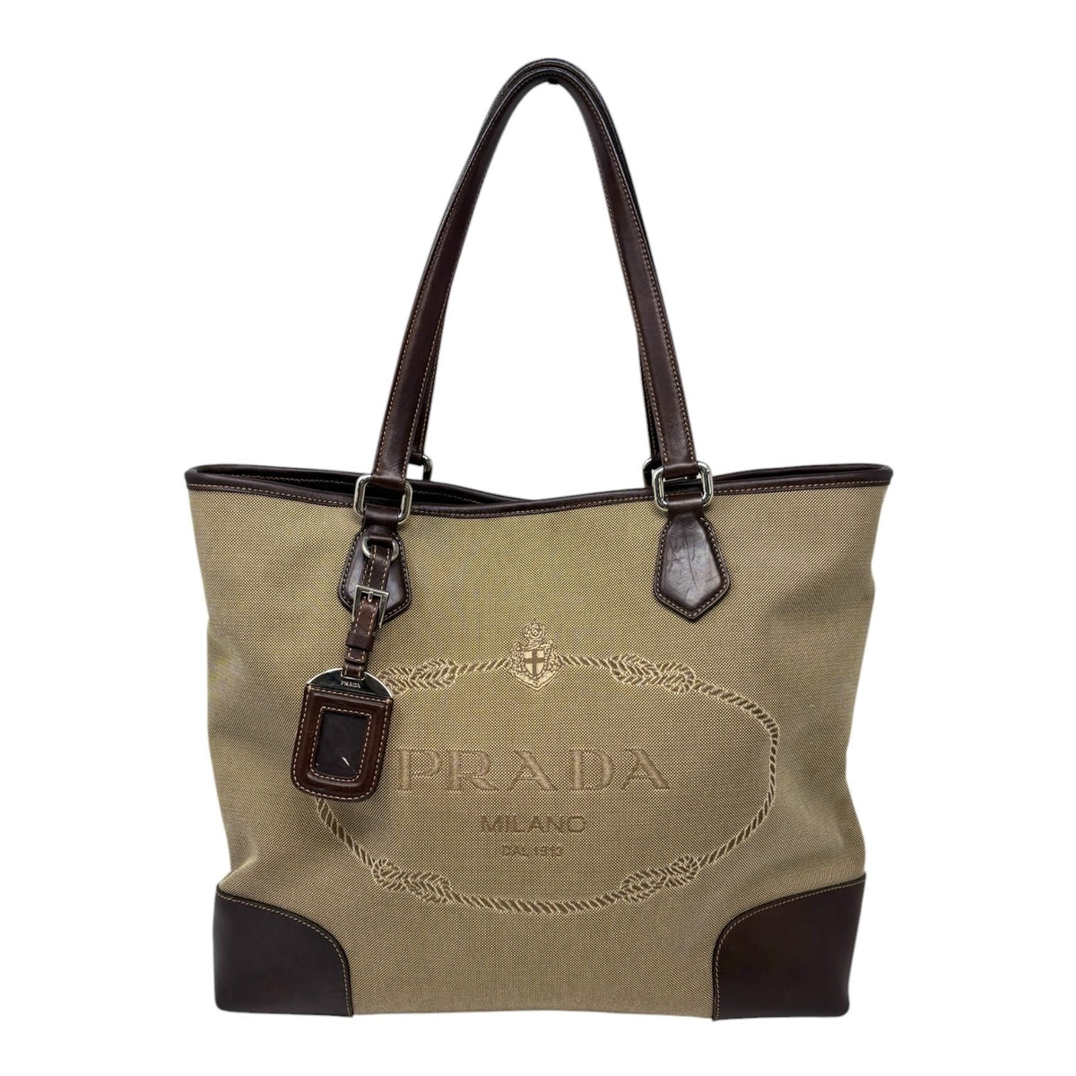 PRADA Vintage Jacquard Logo Tote Bag Brown Silver Canvas Leather 902911