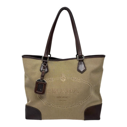 PRADA Vintage Jacquard Logo Tote Bag Brown Silver Canvas Leather 902911