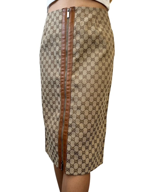 GUCCI Vintage GG Monogram Zip Knee Length Skirt #38 Beige Canvas Leather 902232