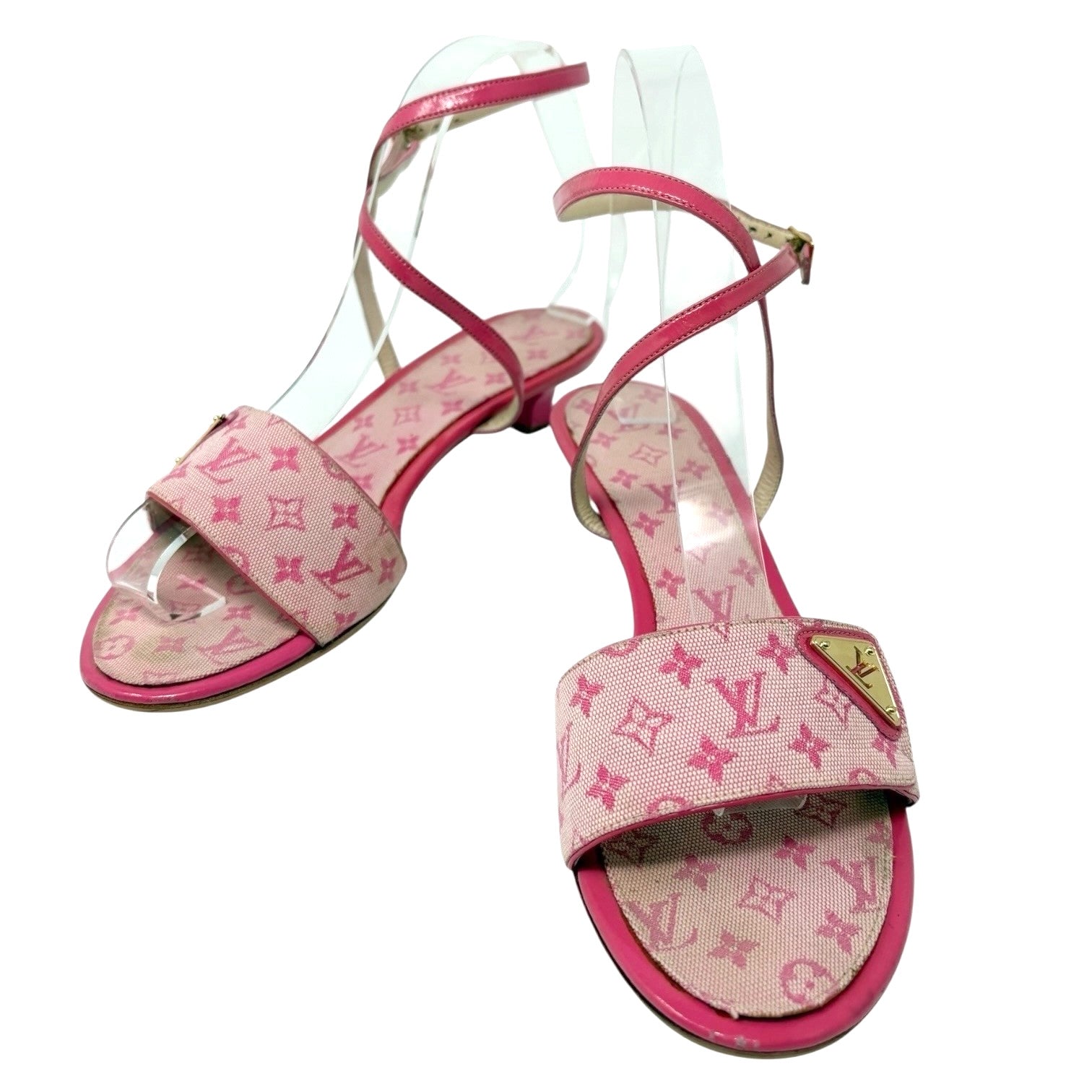 LOUIS VUITTON Vintage LV Logo Monogram Mule Sandals #37 Pink Gold Canvas