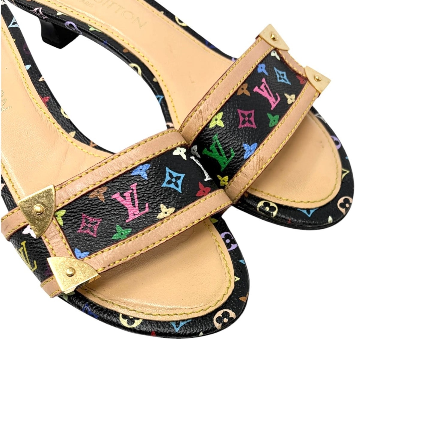LOUIS VUITTON Vintage Monogram Multicolor Sandals Heels #37.5 Black Beige
