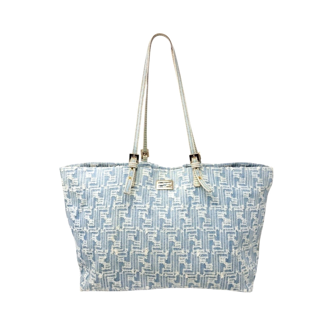 FENDI Vintage Zucca Monogram Denim Shoulder Tote Large Bag Blue FF Logo