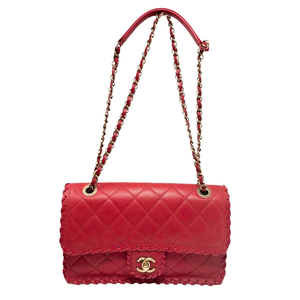 CHANEL Vintage CC Logo Quilted Whipstitch Chain 2way Bag Red Leather 902349