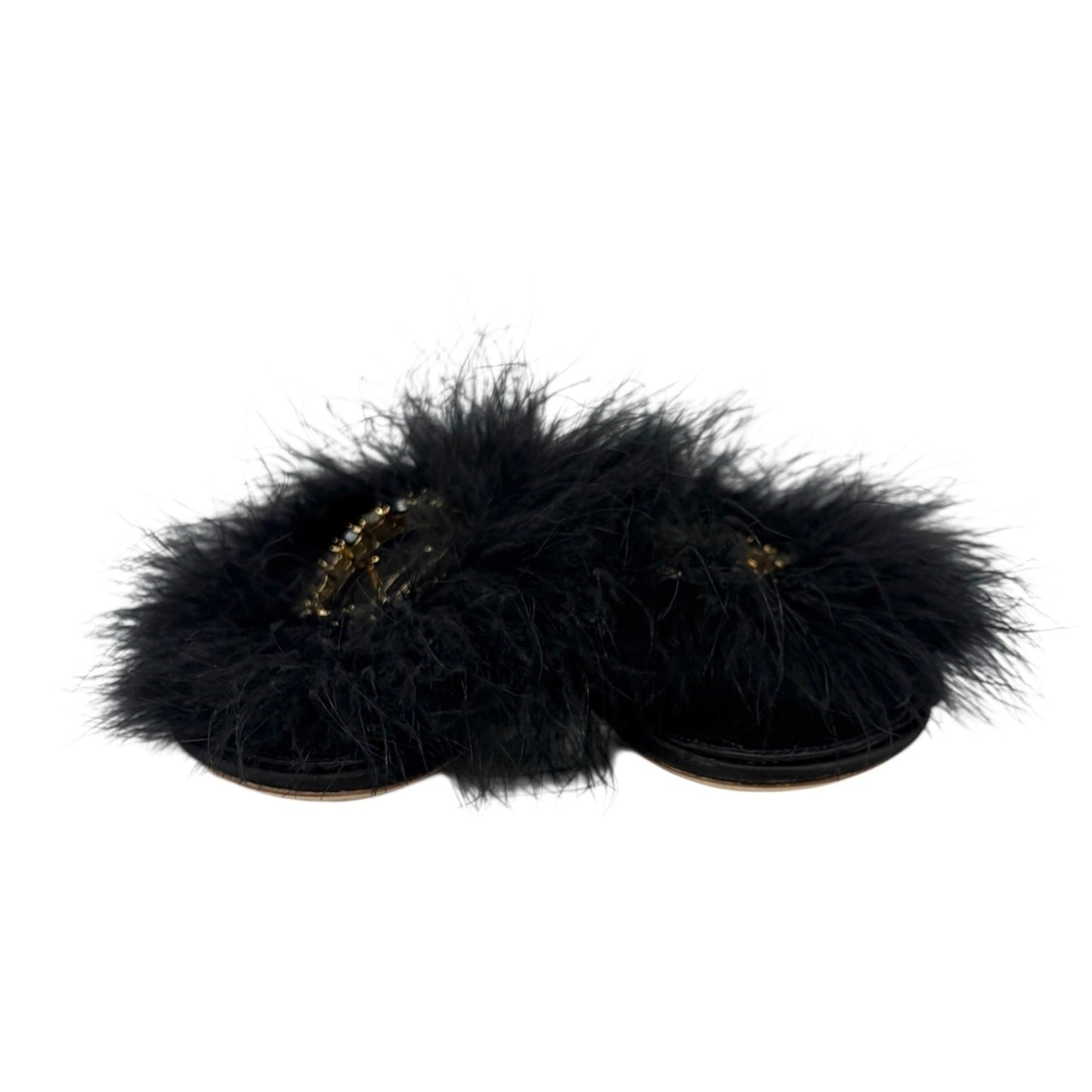 LOUIS VUITTON LV Bijou Logo Fur Flat Sandals #38 Rhinestone Black Satin