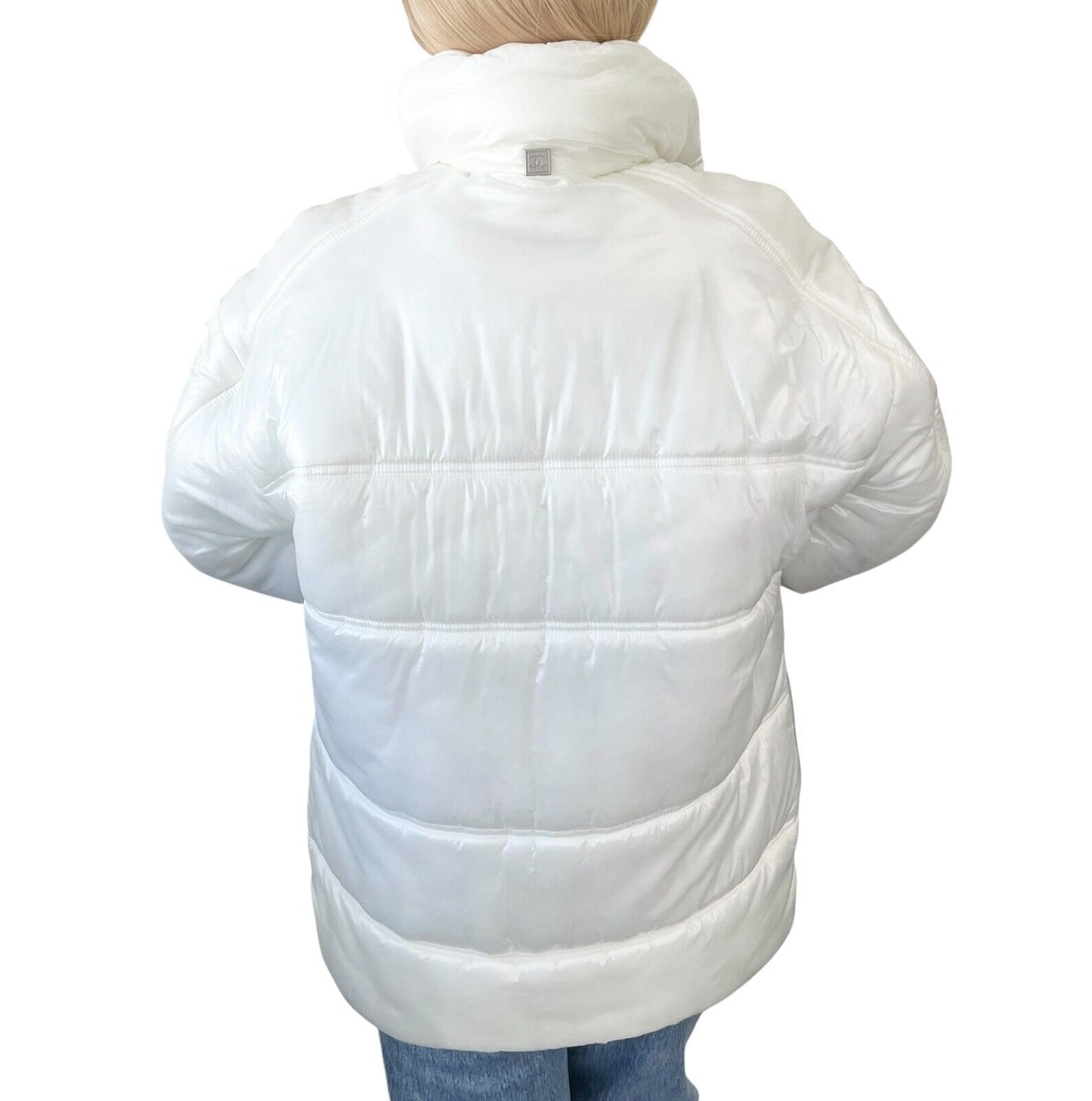 CHANEL Sport Vintage 03A CC Logo Puffer Jacket #38 Zip Button White Polyamide
