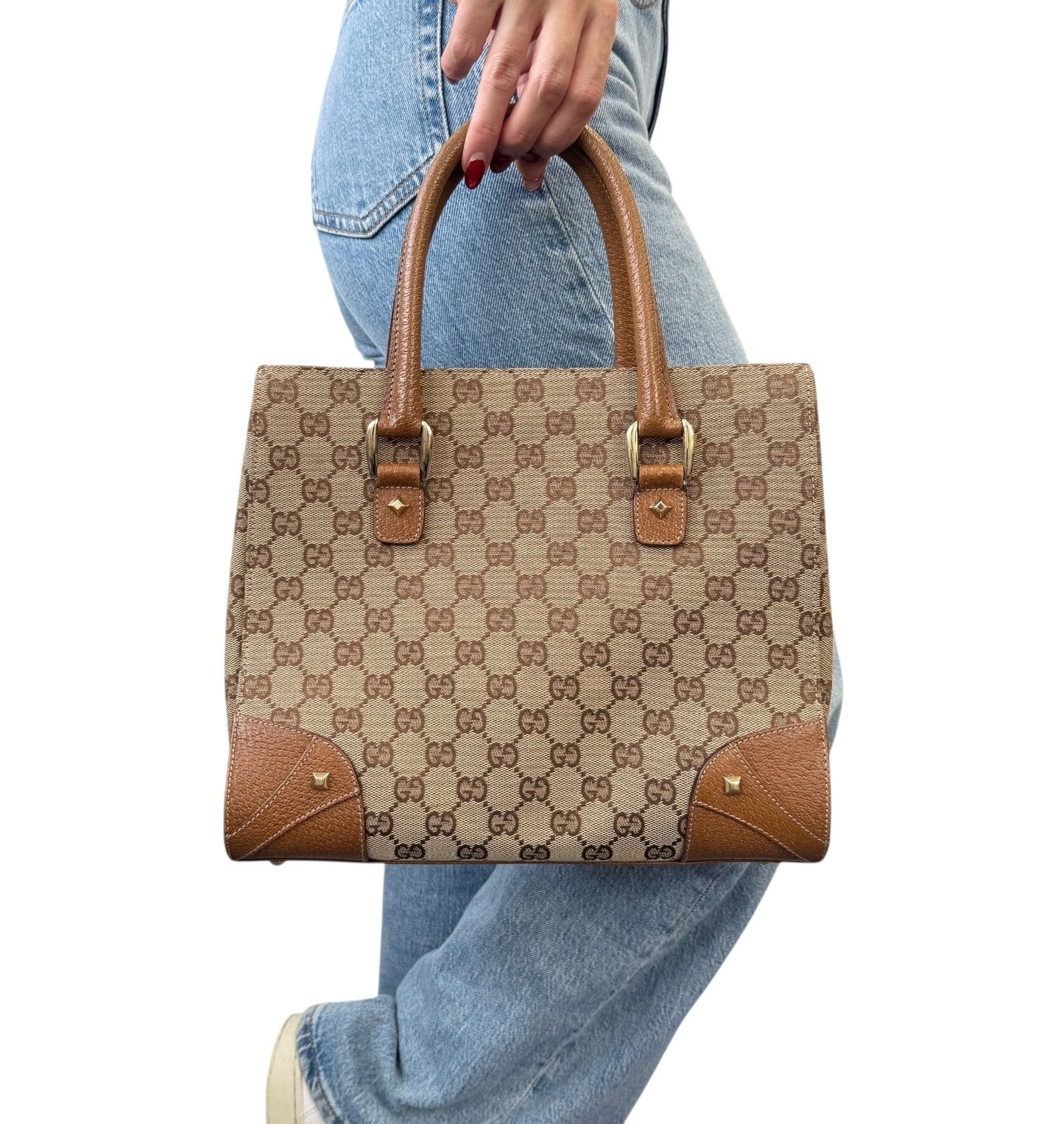 GUCCI Vintage GG Canvas Monogram Tote Bag Nailhead Camel Brown Studs Leather