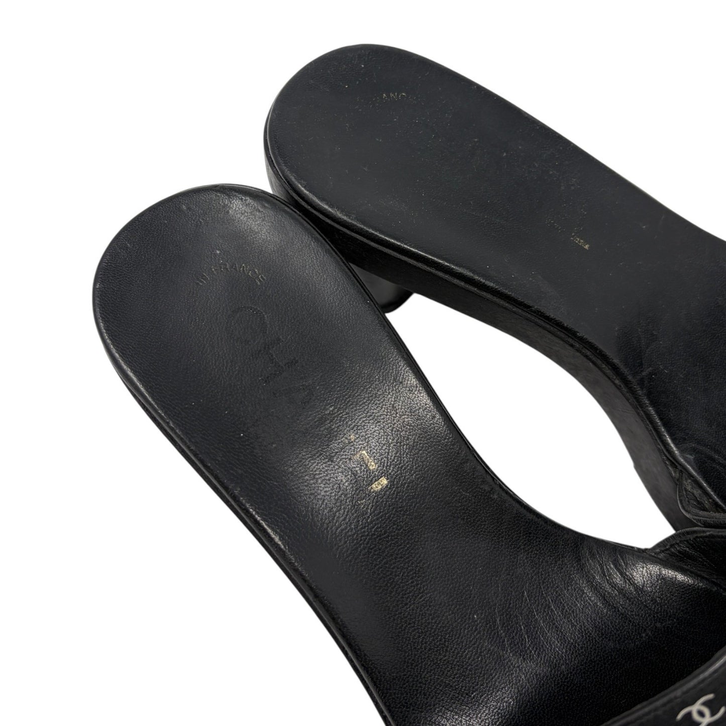 CHANEL Vintage CC Logo Open Toe Sandals Mule Heels #36 Black White Leather