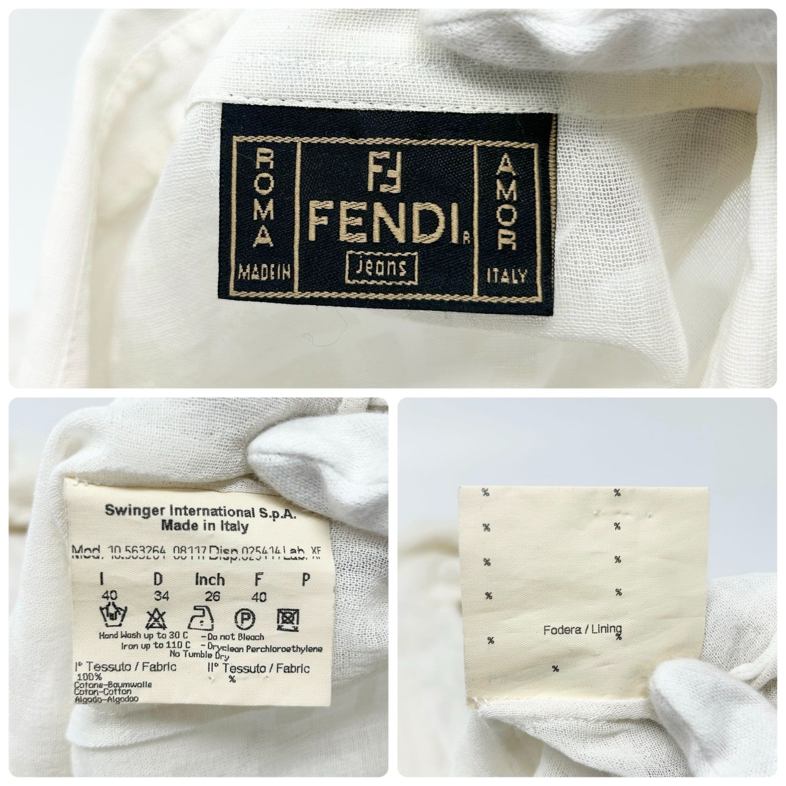 FENDI Vintage Zucca Monogram See-through Top Shirt Blouse #40 Beige White Cotton