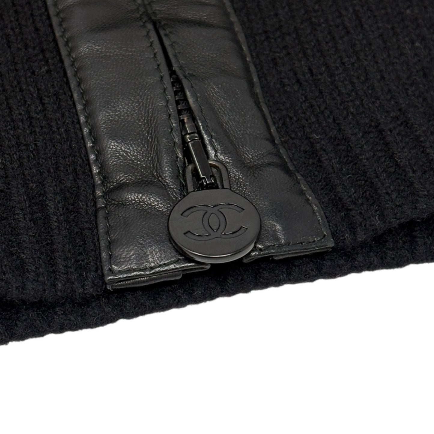 CHANEL Vintage P44562 CC Logo Lambskin Leather Knit Long Jacket #36 Wool Black