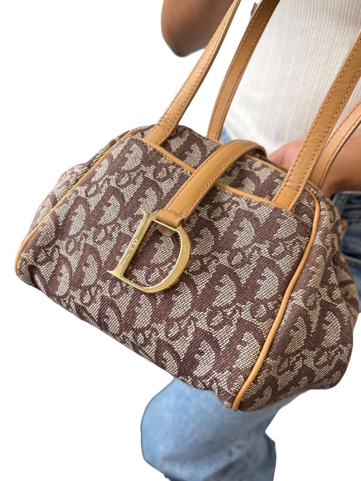 Christian Dior Vintage 2001 Trotter Monogram Mini D Charm Bag Handbag Beige