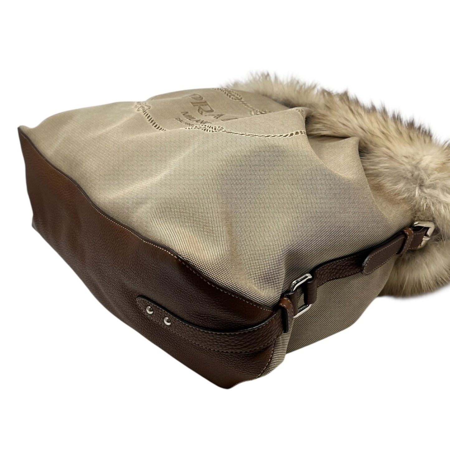 PRADA Vintage Logo Jacquard Fur Trim Canvas Shoulder Tote Bag Beige Brown
